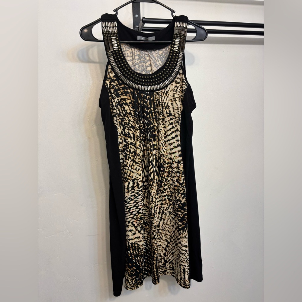 ny collection Sleeveless Patterned Mini Dress W/ Beaded Neckline Womans Large